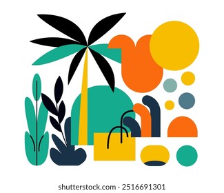 Minimalist abstract nature art shapes collection. Watercolor doodle bundle for fashion design, summer season or natural concept. Modern hand drawn plant leaf and tropical shape decoration set