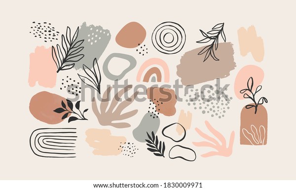 Minimalist abstract nature art shapes collection.\
Pastel color doodle bundle for fashion design, summer season or\
natural concept. Modern hand drawn plant leaf and tropical shape\
decoration set.