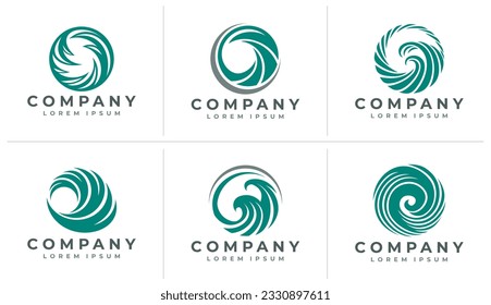 Minimalist abstract ocean wave circle logo branding. Modern line wave logo set.