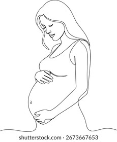 Minimalist abstract one line drawing of a pregnant mother holding her belly.