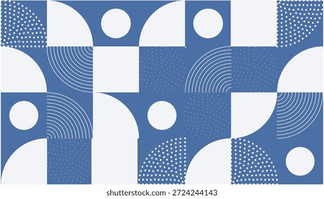 Um padrão abstrato minimalista com formas geométricas azuis e brancas, incluindo círculos, quadrados e círculos trimestrais com detalhes de linha.