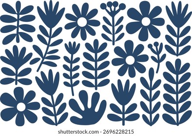 A minimalist, abstract pattern featuring dark blue stylized flowers and leaves on a clean white background. The design is simple, modern, and organic, evoking a sense of nature.