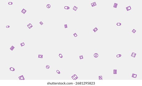 A minimalist abstract pattern featuring numerous small purple geometric shapes, including squares and circles, randomly distributed across a bright white background, creating a sense of playful moveme