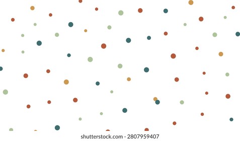 Minimalist abstract pattern featuring scattered earth-toned polka dots in sage green, mustard, rust, and teal on a clean white background for modern design projects and backdrops.