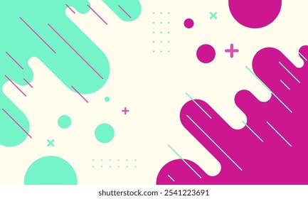 A minimalist abstract pattern featuring vibrant green and pink geometric shapes on a white background.