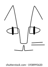 Minimalist abstract portrait of a cat. Funny stylized feline abstract face. Straight sharp lines. Black outlines isolated on a white background. Vector modern art. Abstract design for logo, icon, card