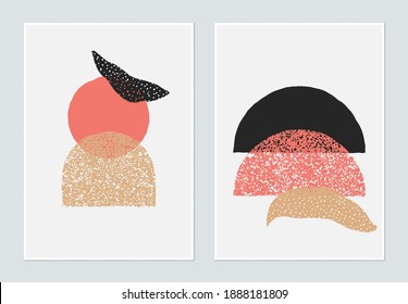 Minimalist abstract poster template design, hand drawn various shapes in pink and brown tones