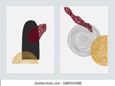 Minimalist abstract poster template design, hand drawn various shapes in red and yellow tones