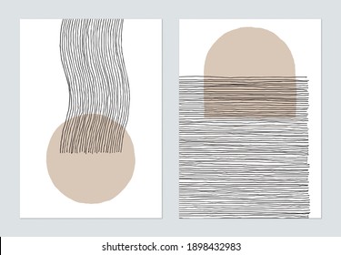 Diseño de plantillas de afiches abstractos minimalistas, dibujando a mano varias formas y líneas en tonos marrones