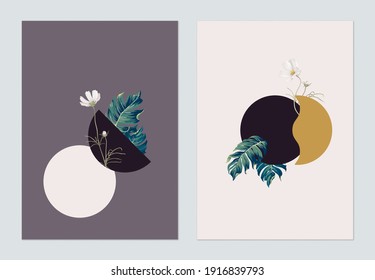 Minimalist abstract poster template design, various shapes decorated with plants and flowers