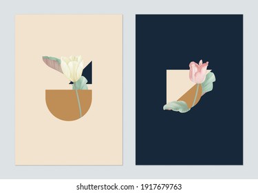 Minimalist abstract poster template design, various shapes decorated with tulip and leaves