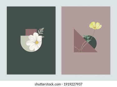 Minimalist abstract poster template design, various shapes decorated with cosmos flowers and leaves