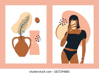 Minimalist abstract posters. Contemporary set of hand drawn woman silhouette and pottery with plants for blogging. Vector fashion illustration
