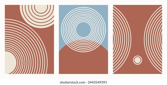 Minimalist abstract posters set. Minimalist art work with abstract geometric shapes. Simple figures in clay red colour. For wall decor, card, cover, branding.