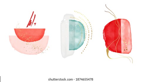 Minimalist Abstract Red Circle Shapes, Modern Marble Art, Watercolor Background. Abstract Creative Blob Graphics With Gold . Scandinavian Logo For Women In Vector