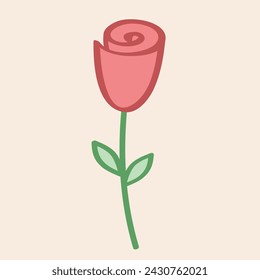 Minimalist abstract red rose filled illustration with green stem and leaves