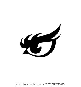 Una representación minimalista y abstracta de un ojo con acentos afilados, como llamas, renderizado en negro sólido sobre un fondo blanco.