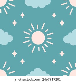 Minimalist abstract seamless pattern with clouds, sun and stars. Seamless pattern for wallpaper, textile, fabric, wrapping paper. Vector illustration in flat style