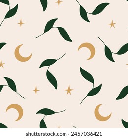 Minimalist abstract seamless pattern with leaves, moon and stars. Vector mystical flat background in boho style