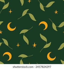 Minimalist abstract seamless pattern with leaves, moon and stars. Vector mystical flat background in boho style