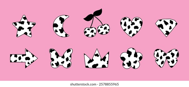 Minimalist abstract shapes with cow texture print. Dalmarian pattern heart, crown, butterfly, cherry, flower, star, moon, diamond, arrow, bow icons with spots. 