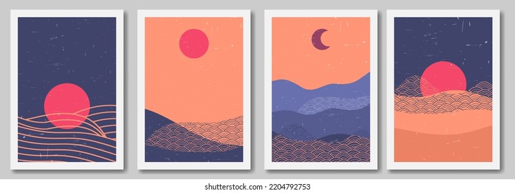 Minimalist abstract shapes illustrations. Vector illustration.  Set of landscape hand drawn contemporary artistic posters. 