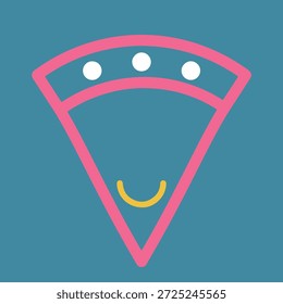 Un diseño minimalista y abstracto de cara sonriente dentro de un contorno de triángulo rosa con tres puntos blancos para los ojos y una línea curva amarilla para la boca.
