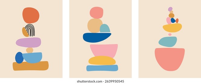Minimalist Abstract Stacked Shapes Trio in Earth Tones Vector Illustration Set