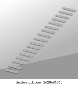 Design minimalista de escadaria abstrata, com uma série de degraus flutuantes formando um padrão de ziguezague geométrico. O trabalho artístico tem um esquema de cores monocromático com sombras suaves