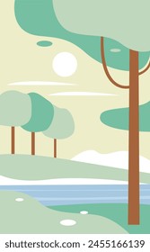 Minimalist abstract summer or spring landscape with river and trees of green forest vector illustration