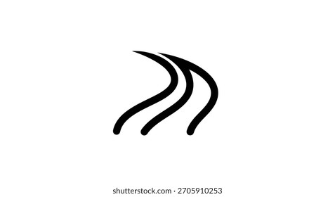 Ein minimalistisches abstraktes Symbol mit drei parallelen gekrümmten Linien, die möglicherweise Bewegung, Fluss oder ein stilisiertes Design-Element auf weißem Hintergrund darstellen.