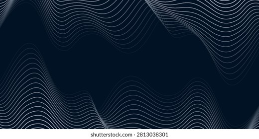 Minimalist abstract tech background featuring a clean, flowing wave pattern of thin white topographic lines sweeping across a deep navy blue field. 
