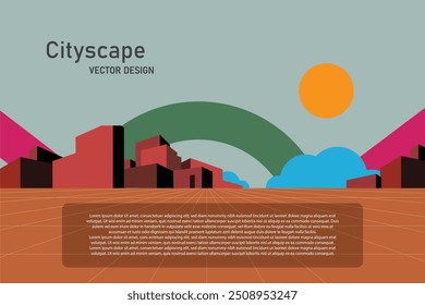 Minimalist abstract urban landscape illustration features geometric shapes and vintage-inspired colors, stylish cityscape. Perfect for displaying automotive products. Vector Design