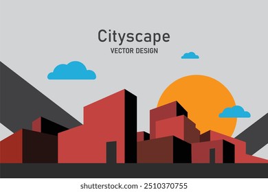 Minimalist abstract urban landscape illustration features geometric shapes and vintage-inspired colors, stylish cityscape. Perfect for displaying automotive products. Vector Design