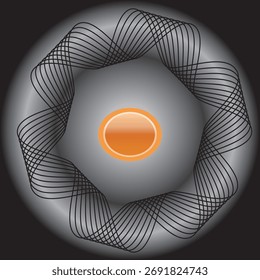 Arte vetorial abstrata minimalista com um botão oval laranja luminoso no centro, emoldurado por uma espiral de linha preta dinâmica em um fundo de gradiente monocromático