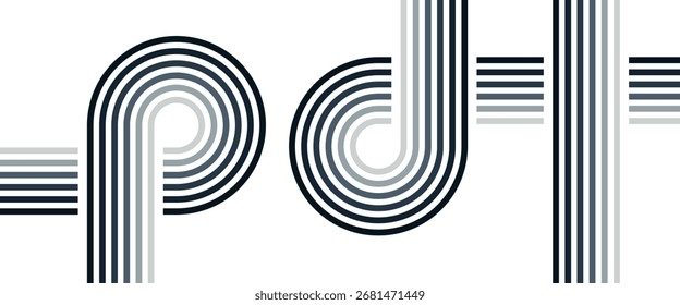Minimalistischer abstrakter Vektorhintergrund mit ineinander verwobenen gekrümmten Linien in Schwarz-, Grau- und Weißtönen, die ein modernes geometrisches Muster mit dynamischem Fluss schaffen.