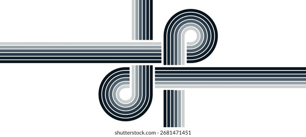 Minimalistischer abstrakter Vektorhintergrund mit ineinander verwobenen gekrümmten Linien in Schwarz-, Grau- und Weißtönen, die ein modernes geometrisches Muster mit dynamischem Fluss schaffen.