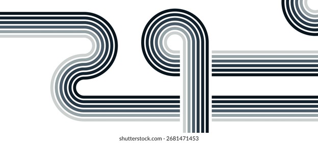 Plano de fundo vetor abstrato minimalista com linhas curvas entrelaçadas em tons de preto, cinza e branco, criando um padrão geométrico moderno com fluxo dinâmico.