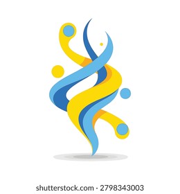 Minimalist abstract vector illustration featuring intertwined blue and yellow flowing ribbon shapes and circular dots on a white background, representing movement, unity, or dancing figures.