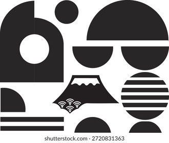 Uma ilustração vetorial abstrata minimalista inspirada pela estética japonesa de Ano Novo. Apresenta silhueta preta formas do Monte Fuji, decoração de bambu kadomatsu, boneca daruma, flores de ameixa e elementos geométricos. Projetado em um estilo plano moderno com linhas limpas e composição equilibrada. Ideal para marcas sazonais, cartões de felicitações, cartazes e projetos de design cultural.