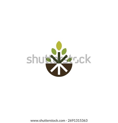 Minimalist and abstract vector logo design combining green leaves, a growing plant, and stylized roots within a semicircle of soil or a droplet shape