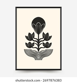 Minimalist abstract vector poster with stylized plant and circular sun motif