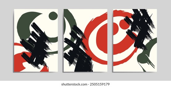 Minimalist Abstract Wall Art Background With Artistic Brush. Set for Wall Art Decoration, Brochure, Cover Design, Postcard, Banner, Social Media Background. Vector Illustration