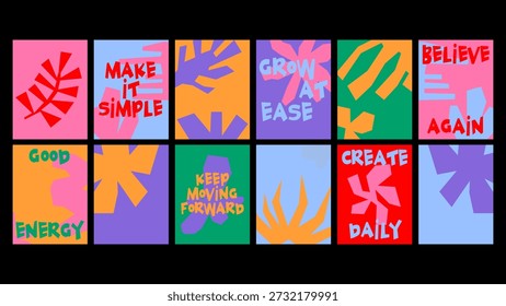 Arte abstracto minimalista de la pared con citas edificantes y composiciones geométricas expresivas. Carteles de moda de estilo de dibujos animados diseñados para cafés, cocinas y espacios de comedor.
