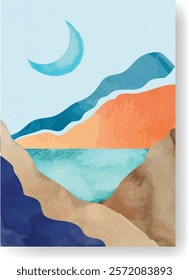 Minimalist abstract watercolor landscape painting featuring a crescent moon, mountains, and a lake, creating a serene and artistic nature scene