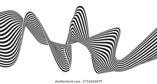 Fondo abstracto minimalista de la onda con las líneas rayadas negras y blancas que forman un movimiento suave que fluye. Diseño contemporáneo de Vector de ilusión óptica para diseños creativos y fondos digitales.