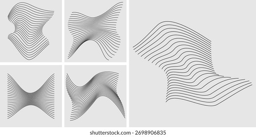 Conjunto de plano de fundo de linhas onduladas abstratas minimalistas. Elementos de design monocromático geométrico moderno, perfeito para cartazes, capas e apresentações gráficas, oferecendo uma estética dinâmica e contemporânea.