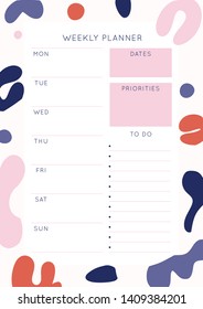 Minimalist abstract Weekly planner template. Blank white notebook page with feminine fluid shapes texture. 
Business organizer page. Paper sheet.