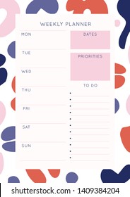 Minimalist abstract Weekly planner template. Blank white notebook page with feminine fluid shapes texture. 
Business organizer page. Paper sheet.