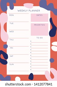 Minimalist abstract Weekly planner template. Blank white notebook page with feminine fluid shapes texture. 
Business organizer page. Paper sheet.
